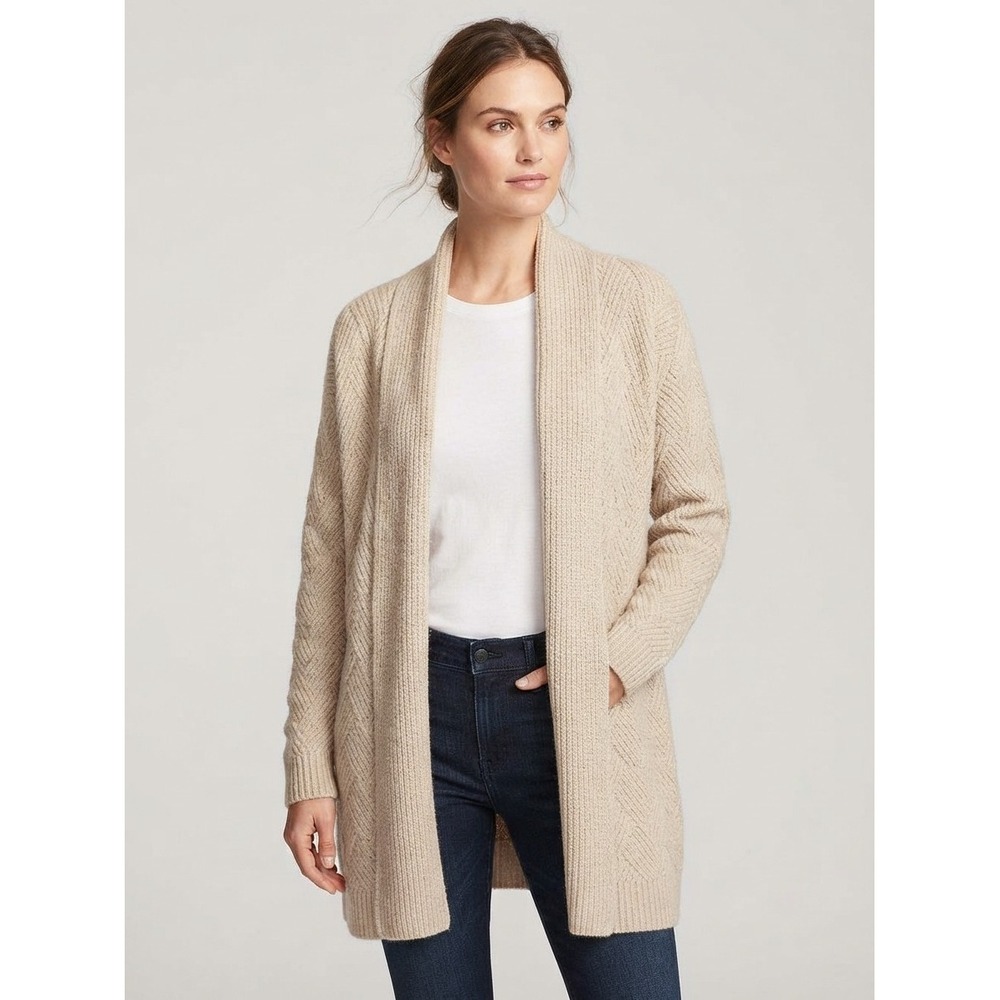 Soft Surroundings Beige Open Front Cardigan Sweater L Shawl Collar Chevron